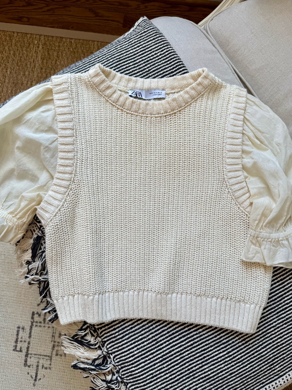 Zara Cream Knit Sweater Top w/ Puff Sleeves